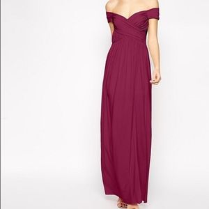 ASOS off the shoulder maxi burgundy dress w/ slit